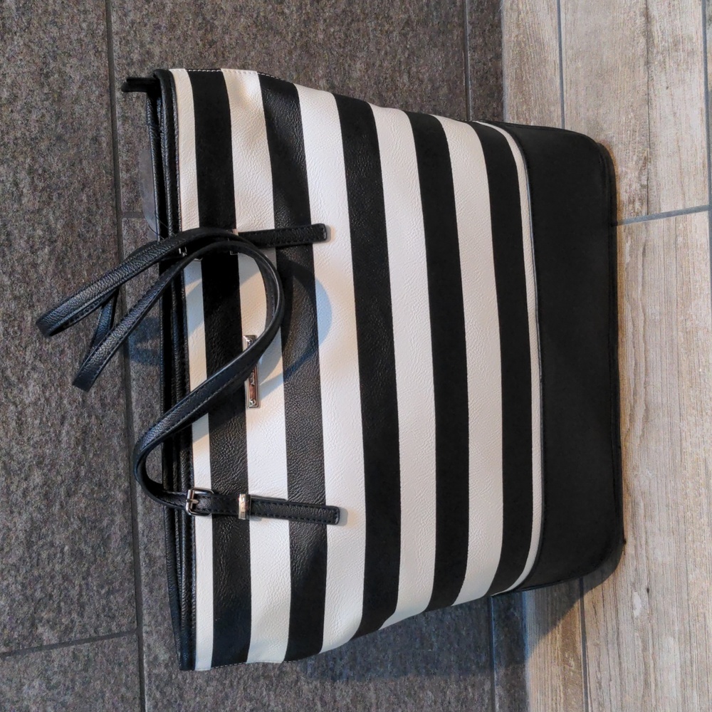 NWT Nine West Blake Black and White Stripe Shoulder Bag Tote